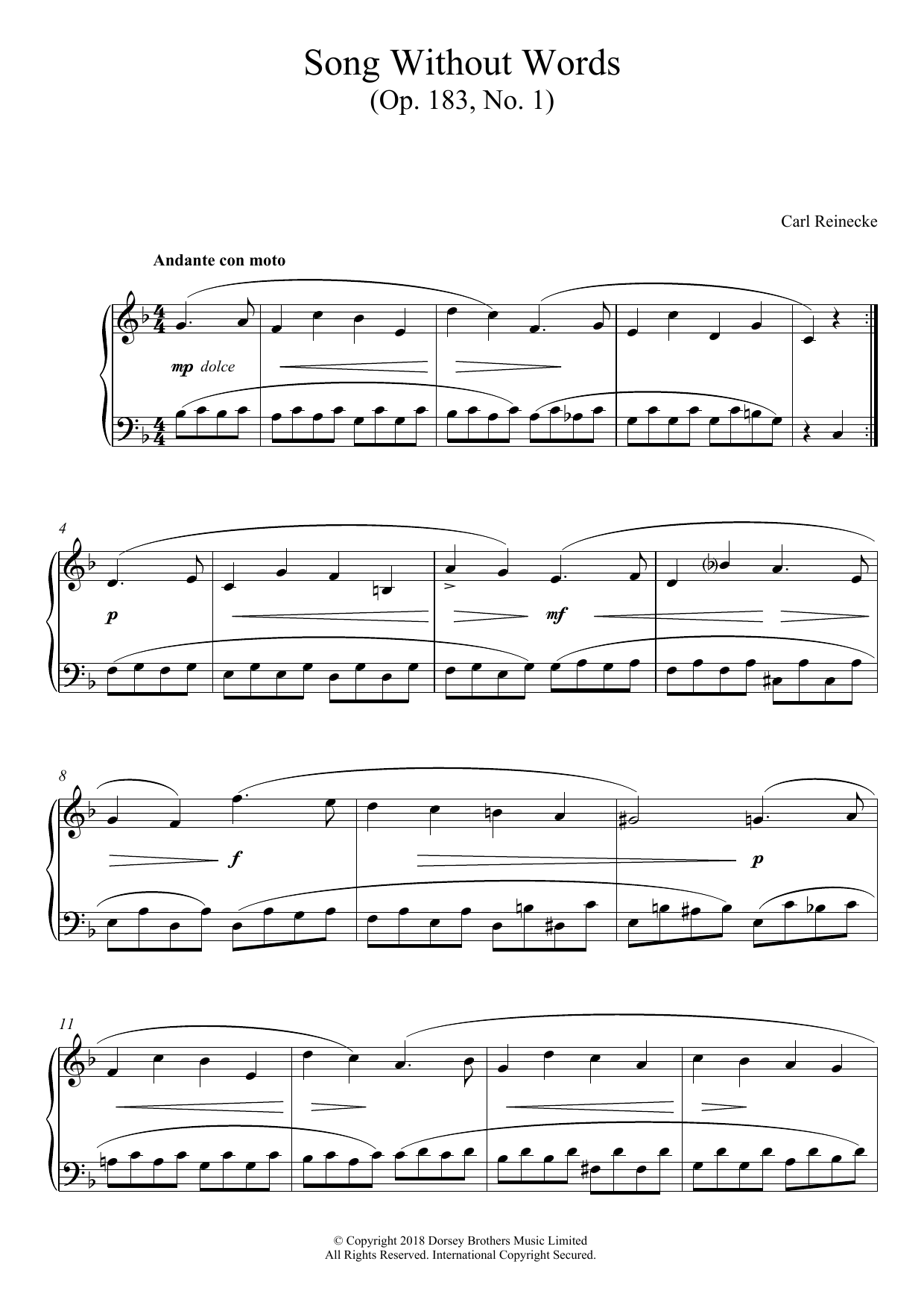 Download Carl Reinecke Song Without Words, Op. 183, No. 1 Sheet Music