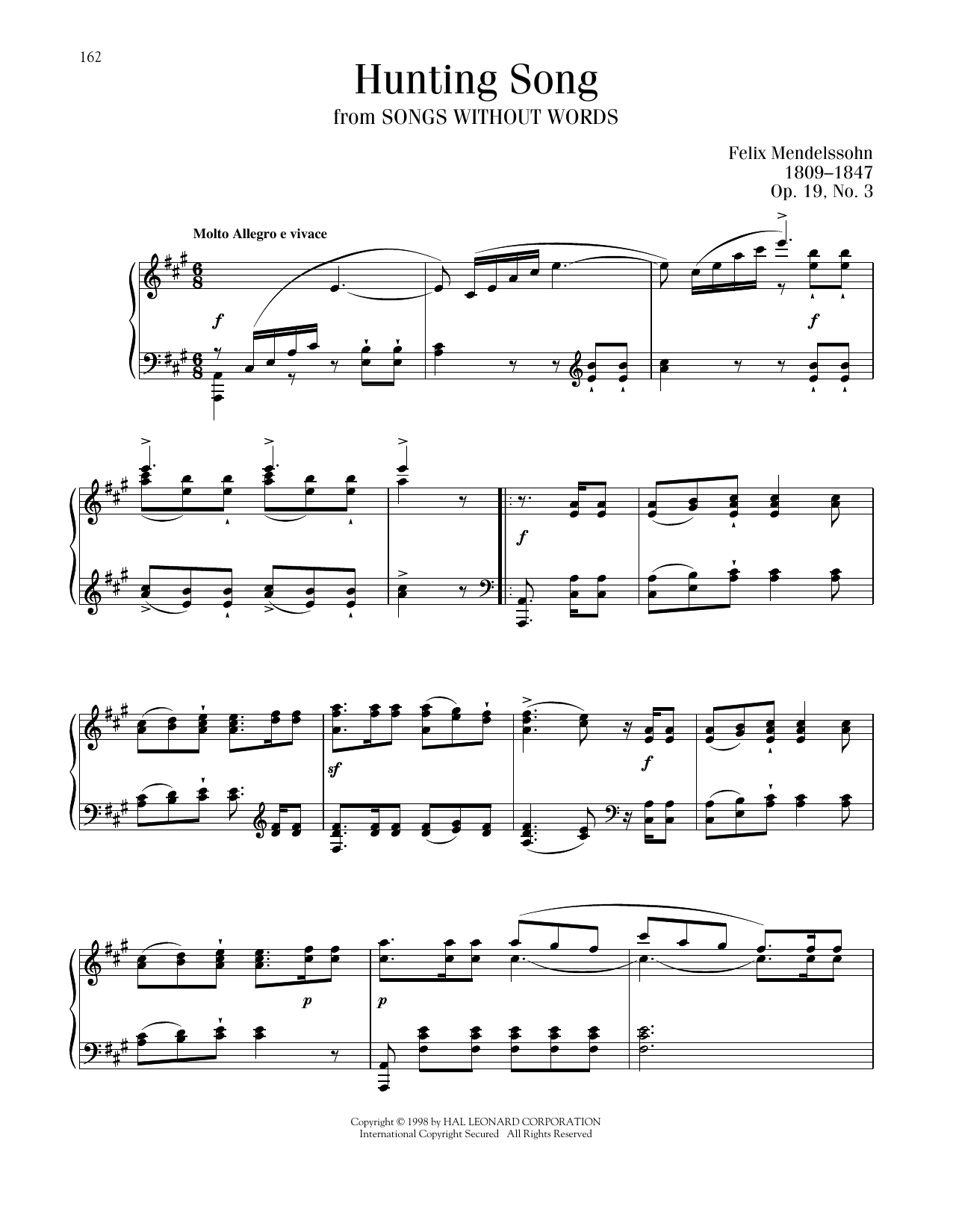 Felix Mendelssohn Song Without Words, Op. 19, No. 3 sheet music notes printable PDF score