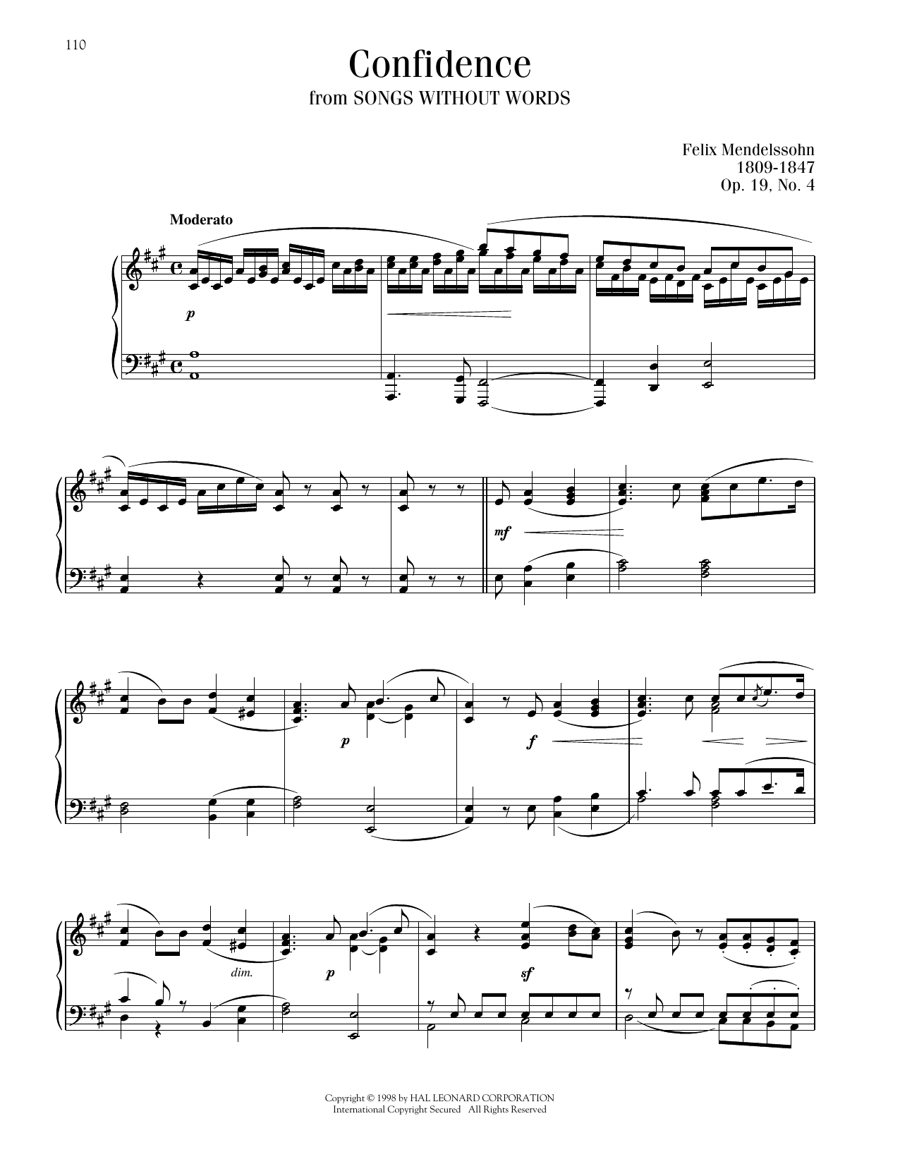 Felix Mendelssohn Song Without Words, Op. 19, No. 4 sheet music notes printable PDF score
