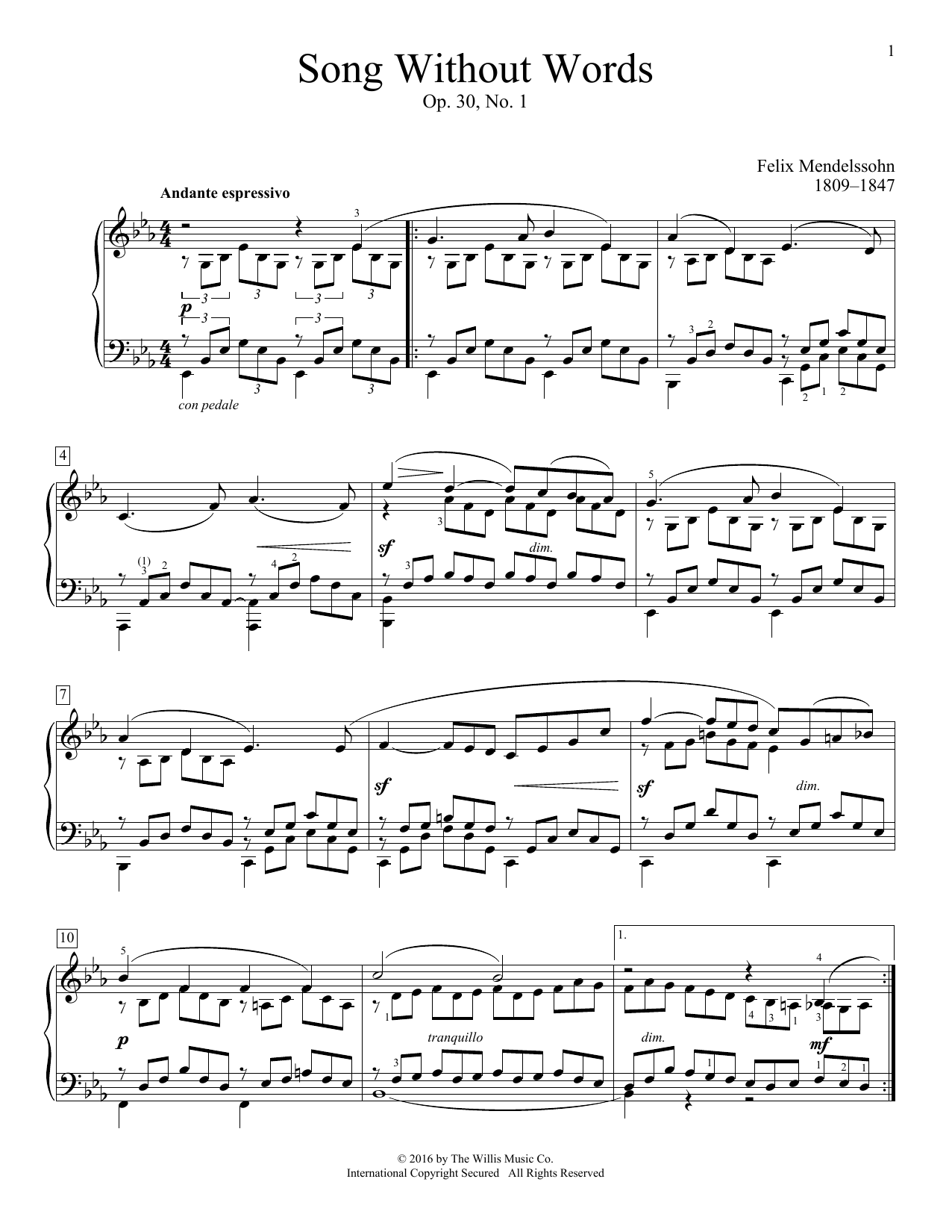 Download Felix Mendelssohn Song Without Words, Op. 30, No. 1 Sheet Music
