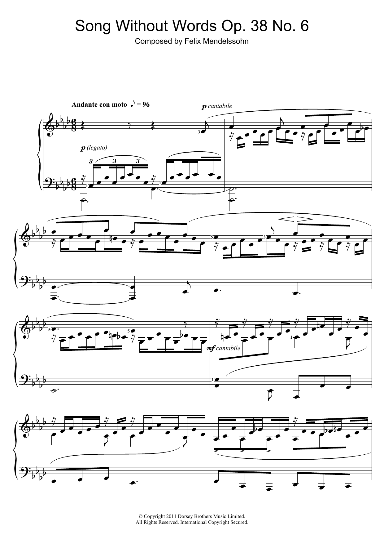 Download Felix Mendelssohn Song Without Words, Op. 38, No. 6 ‘Du Sheet Music