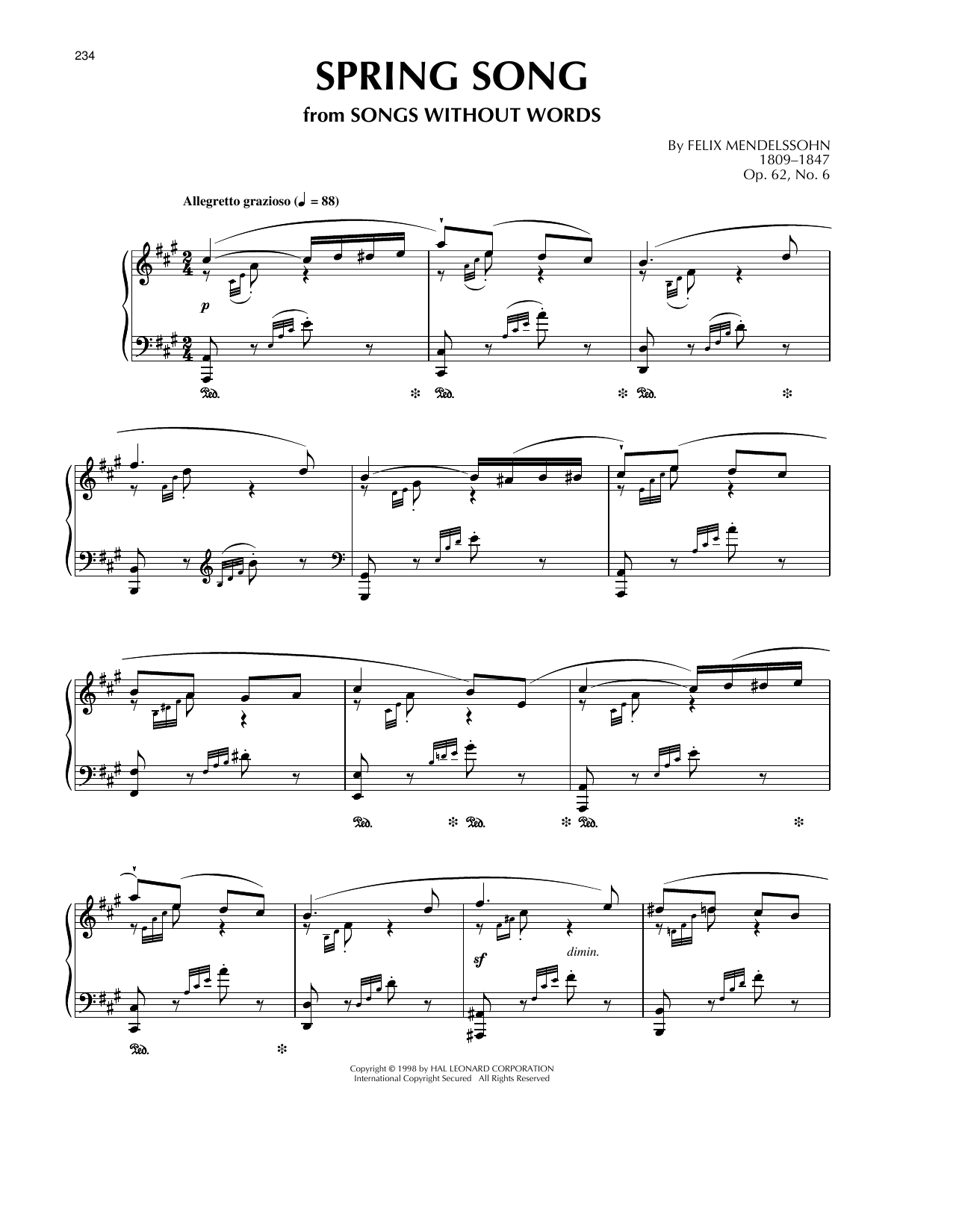 Felix Mendelssohn Song Without Words, Op. 62, No. 6 sheet music notes printable PDF score
