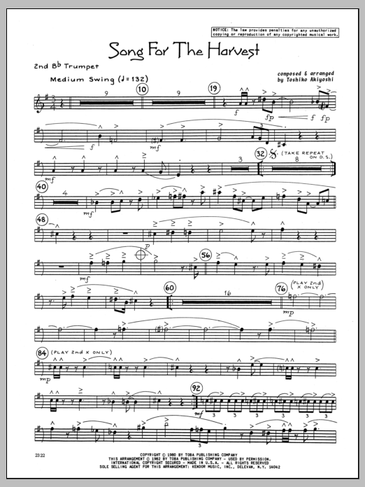 Download Toshiko Akiyoshi Song For The Harvest - 2nd Bb Trumpet Sheet Music