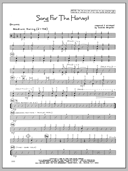 Download Toshiko Akiyoshi Song For The Harvest - Drums Sheet Music
