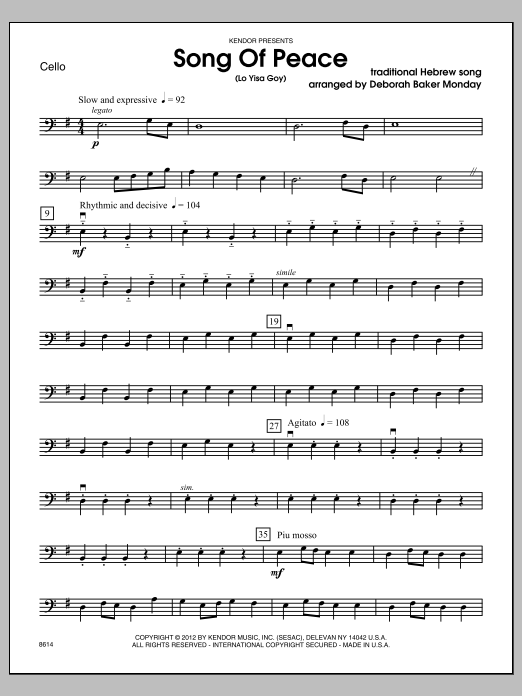 Download Deborah Baker Monday Song Of Peace (Lo Yisa Goy) - Cello Sheet Music