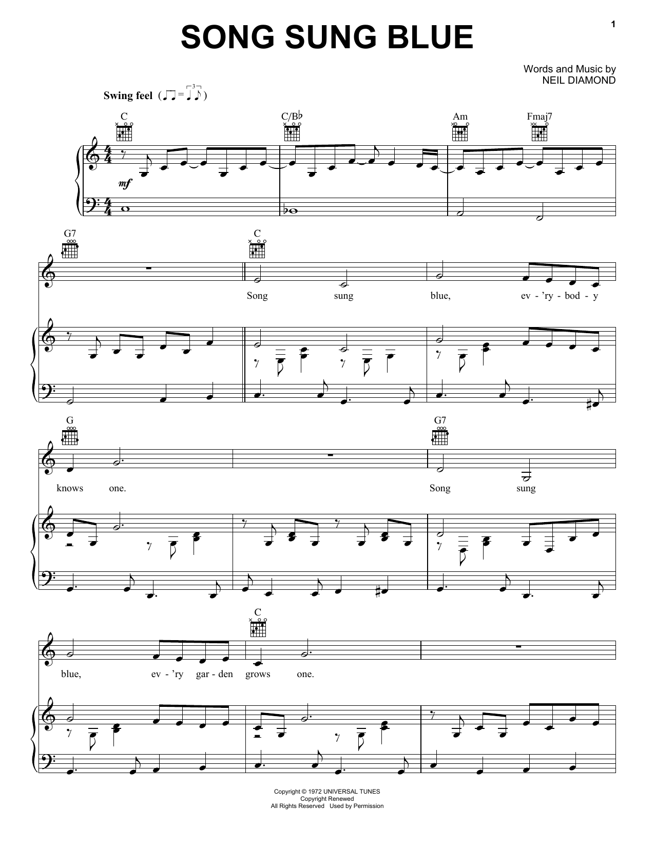 Neil Diamond Song Sung Blue sheet music notes printable PDF score