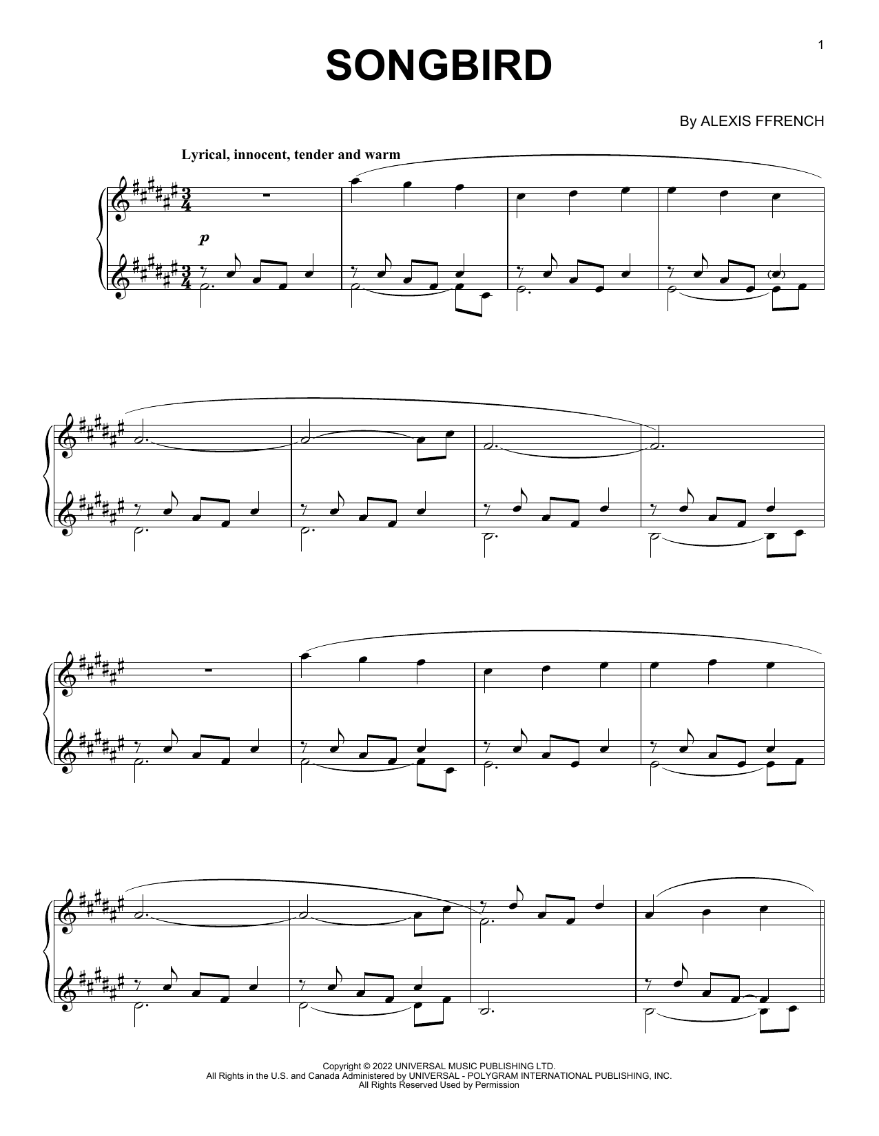 Download Alexis Ffrench Songbird Sheet Music