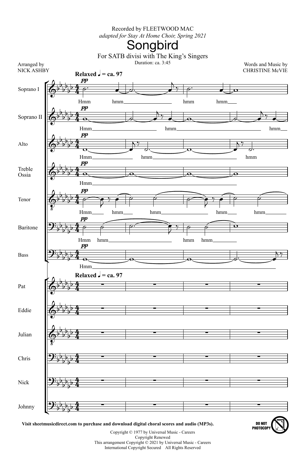 Download The King's Singers Songbird (arr. Nick Ashby) Sheet Music