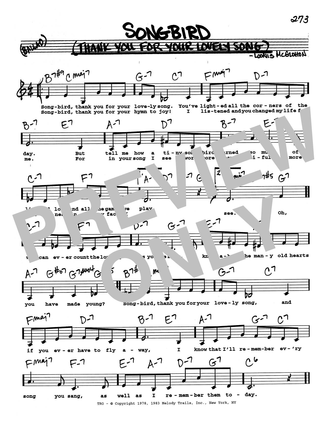 Loonis McGlohon Songbird (Thank You For Your Lovely Song) (Low Voice) sheet music notes printable PDF score