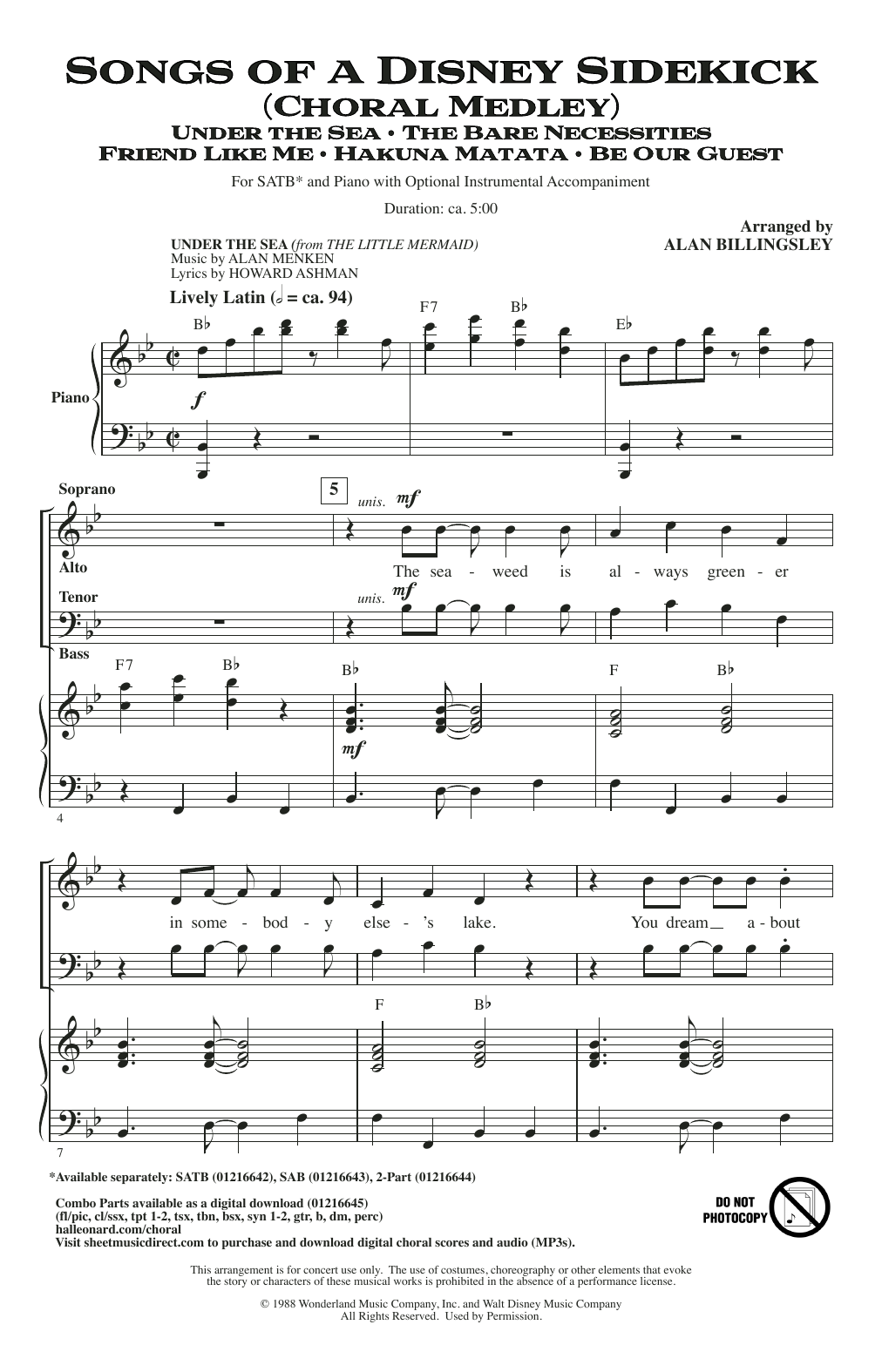 Alan Billingsley Songs Of A Disney Sidekick (Choral Medley) sheet music notes printable PDF score