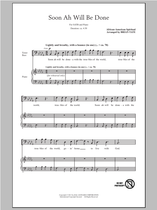 Download African-American Spiritual Soon Ah Will Be Done (arr. Brian Tate) Sheet Music