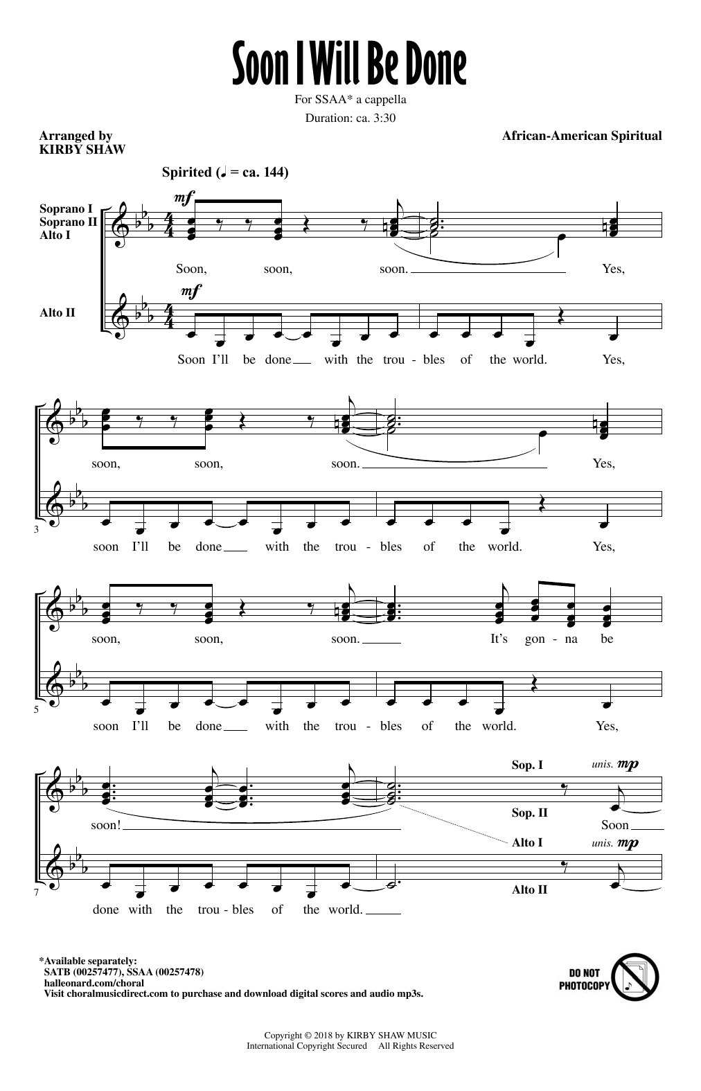 Download Kirby Shaw Soon I Will Be Done Sheet Music