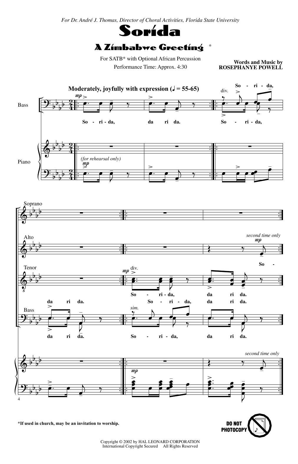 Rosephanye Powell Sorida (A Zimbabwe Greeting) sheet music notes printable PDF score