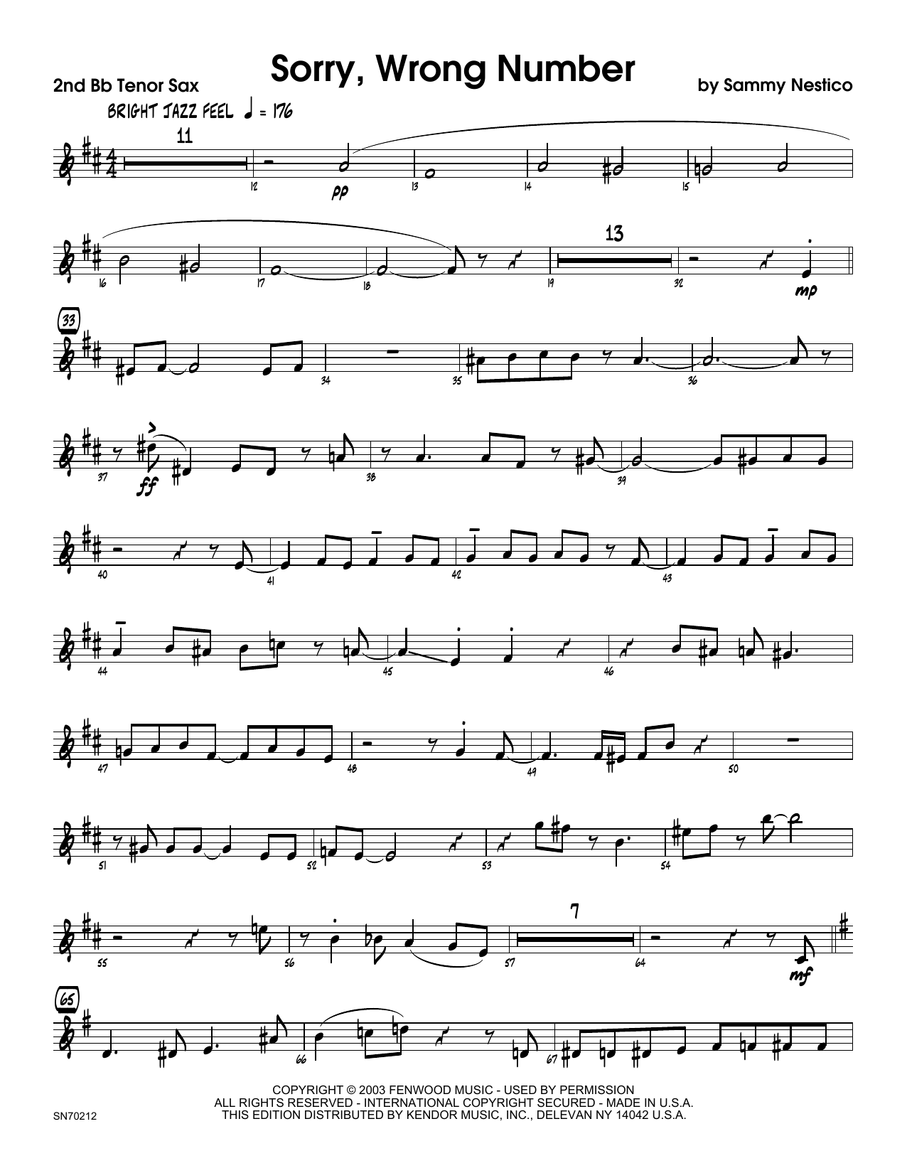 Download Sammy Nestico Sorry, Wrong Number - 2nd Bb Tenor Saxo Sheet Music