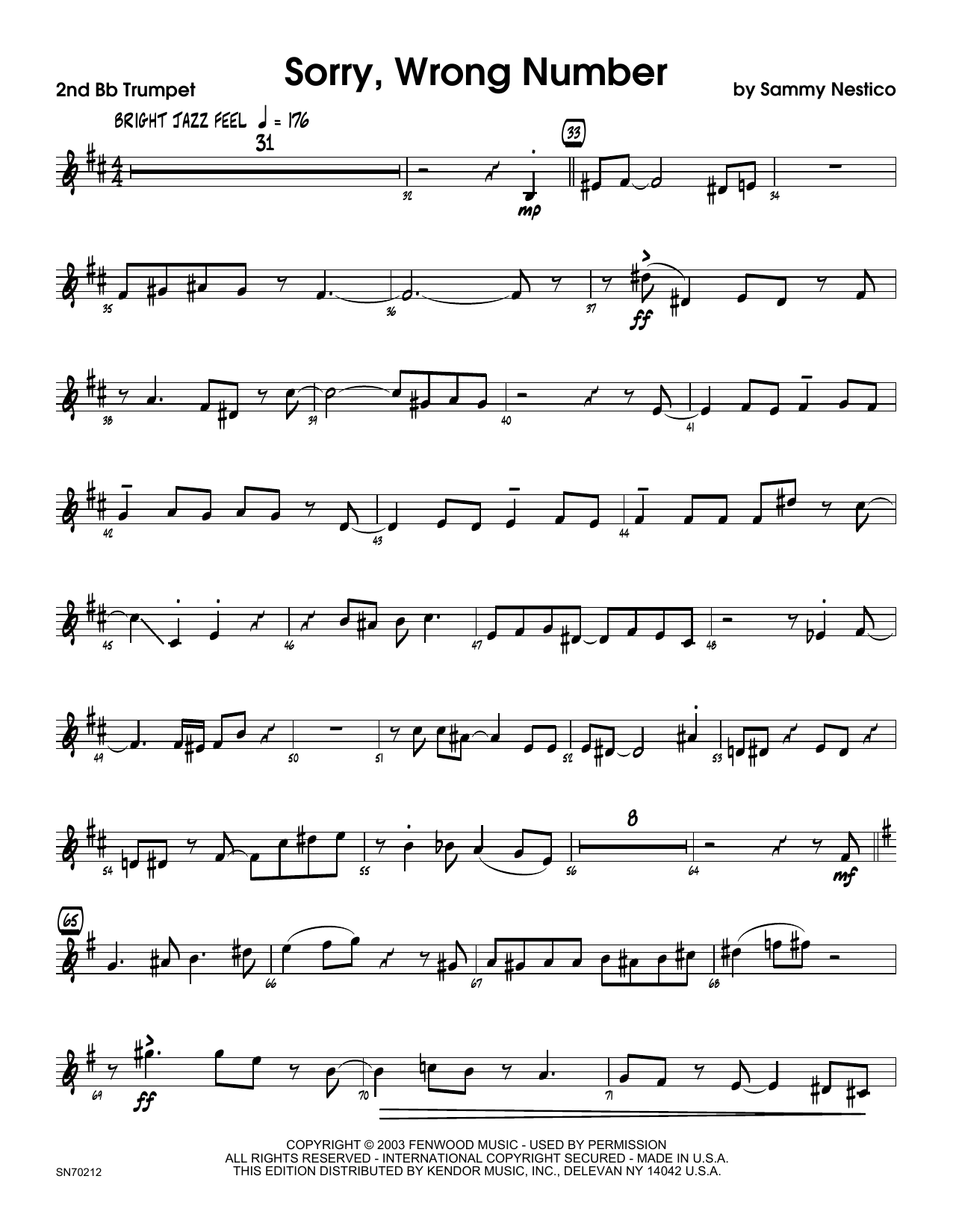 Download Sammy Nestico Sorry, Wrong Number - 2nd Bb Trumpet Sheet Music