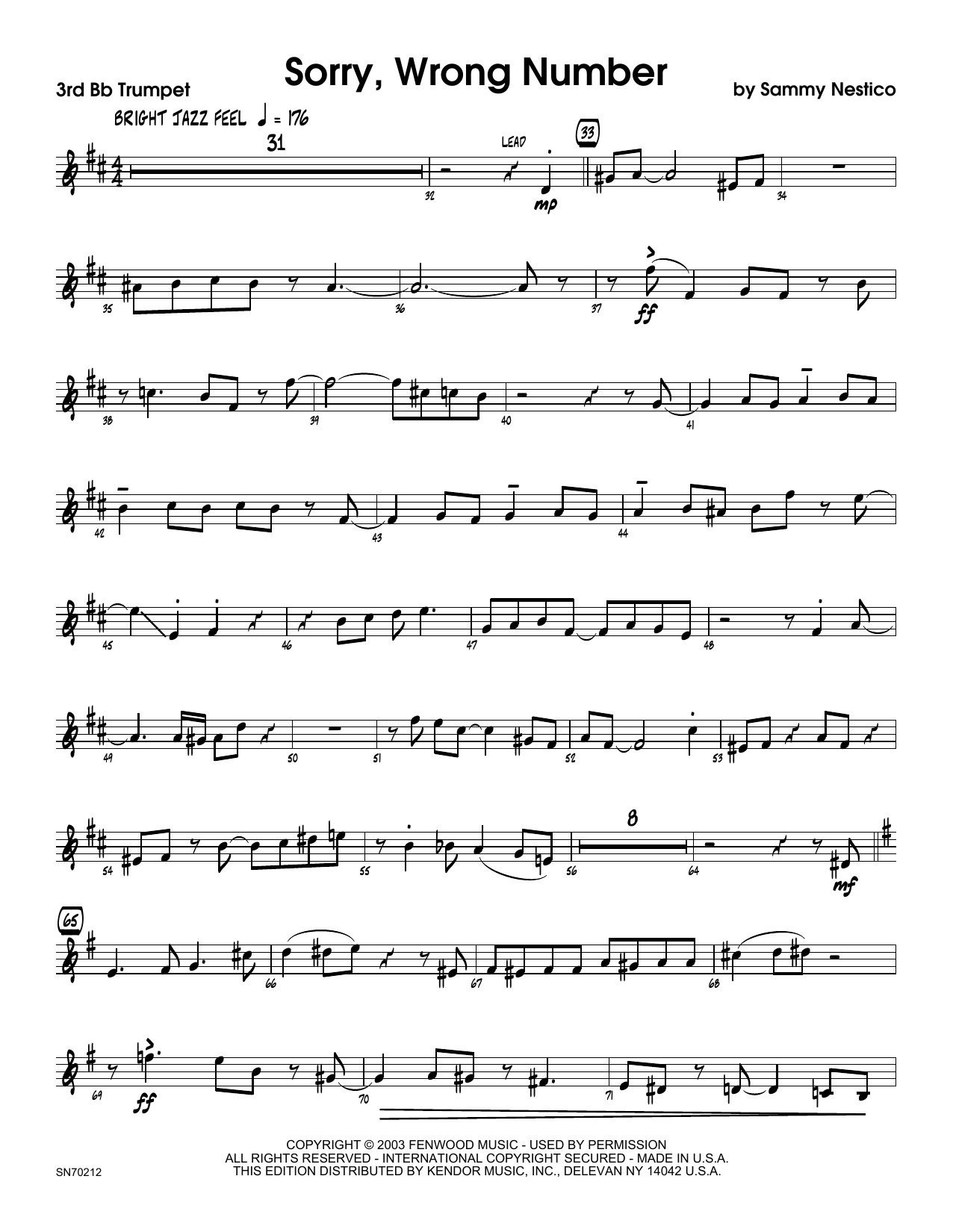 Download Sammy Nestico Sorry, Wrong Number - 3rd Bb Trumpet Sheet Music