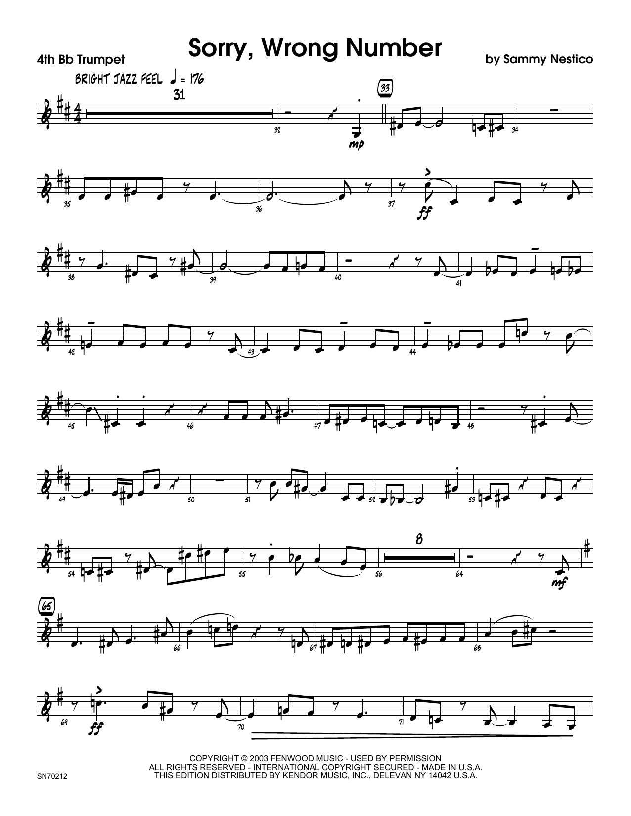 Download Sammy Nestico Sorry, Wrong Number - 4th Bb Trumpet Sheet Music