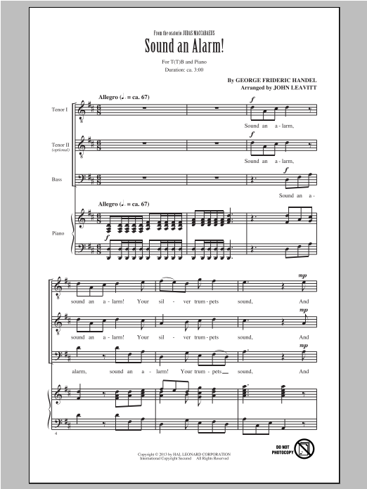 Download George Frideric Handel Sound An Alarm! (arr. John Leavitt) Sheet Music
