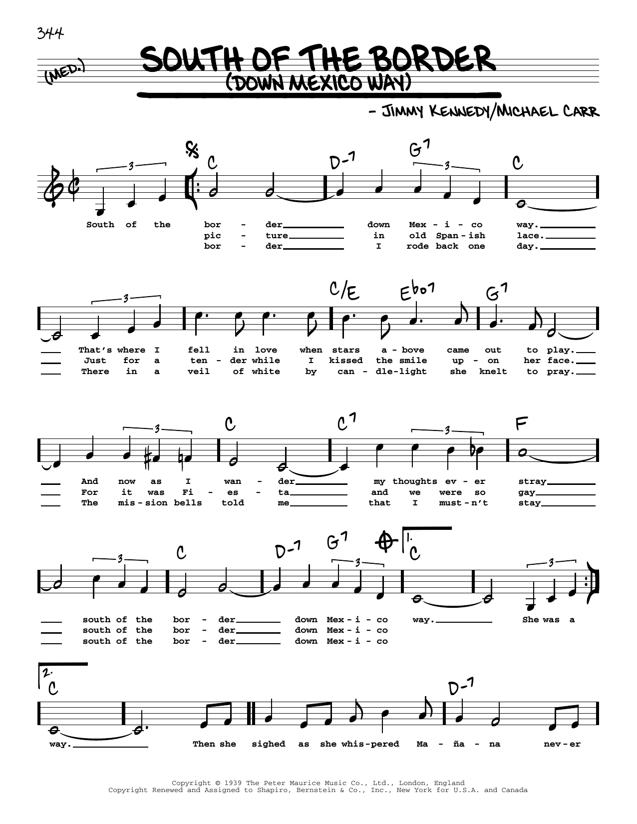 Patsy Cline South Of The Border (Down Mexico Way) (Low Voice) sheet music notes printable PDF score