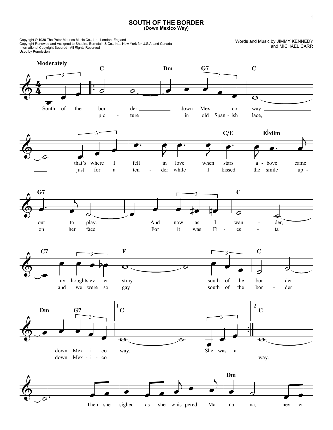 Download Patsy Cline South Of The Border (Down Mexico Way) Sheet Music
