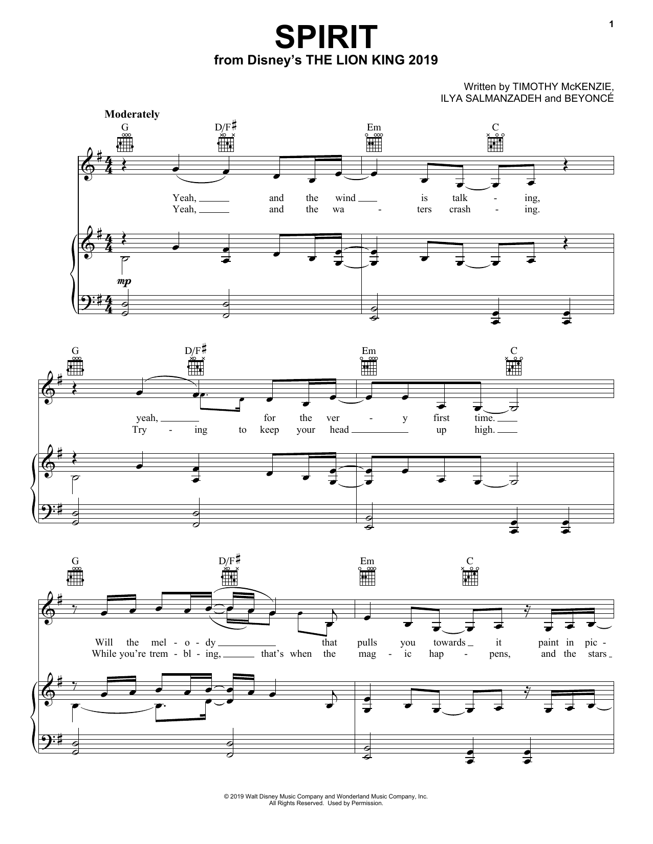 Beyonce Spirit (from The Lion King 2019) sheet music notes printable PDF score