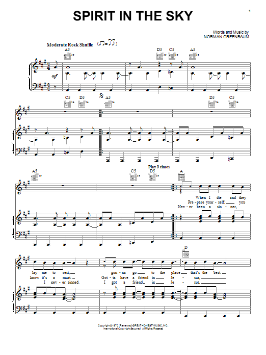 Norman Greenbaum Spirit In The Sky sheet music notes printable PDF score