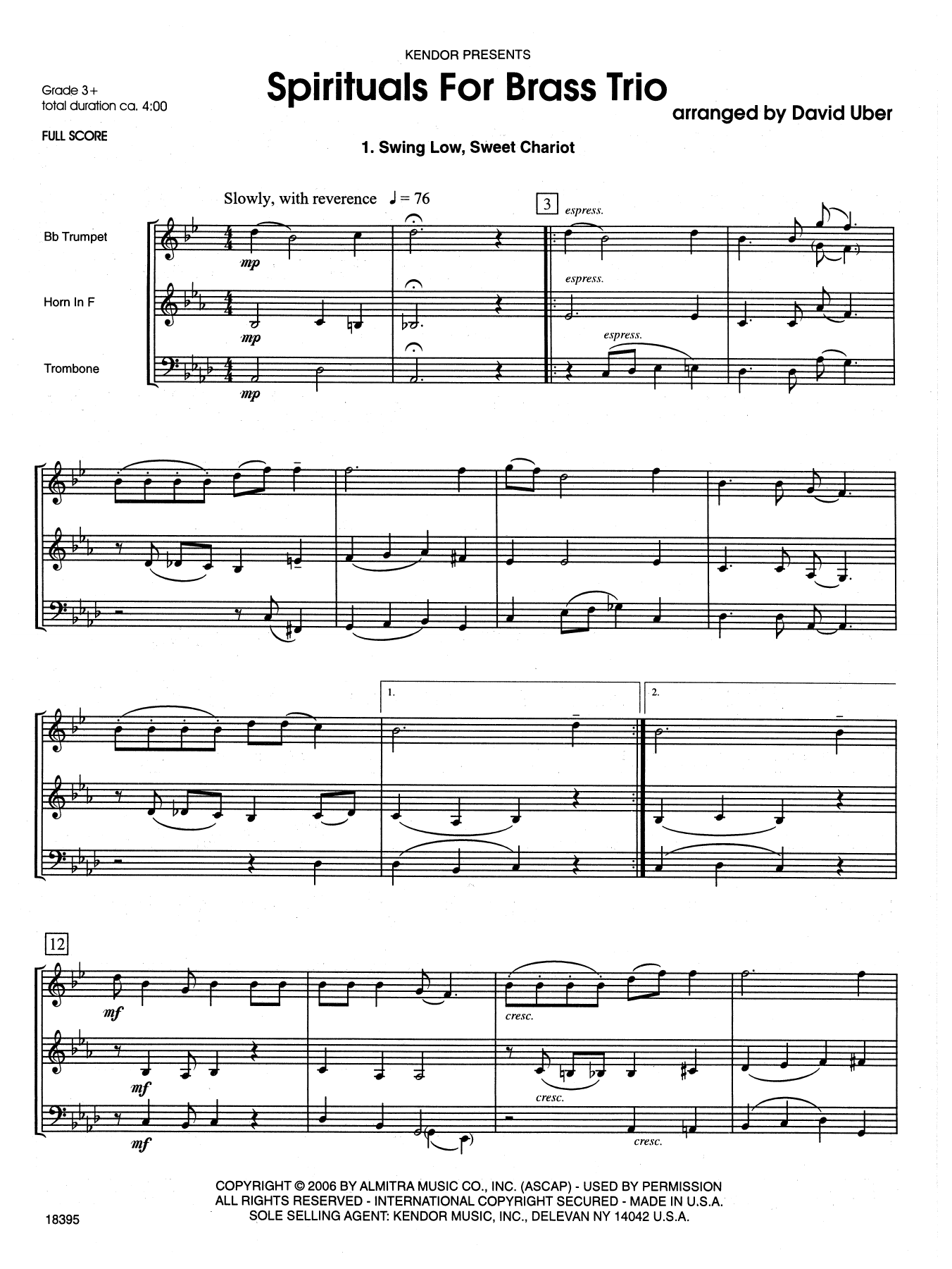 Download David Uber Spirituals For Brass Trio - Full Score Sheet Music