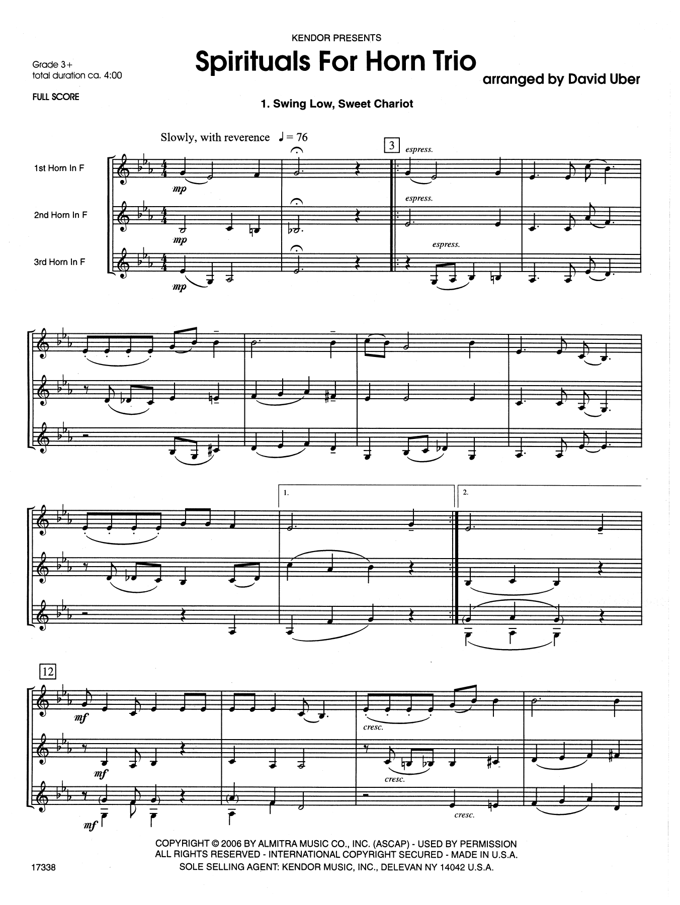 Download David Uber Spirituals For Horn Trio - Full Score Sheet Music