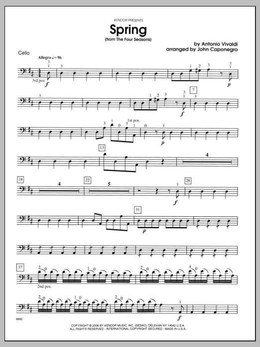 Download Caponegro Spring (from The Four Seasons) - Cello Sheet Music