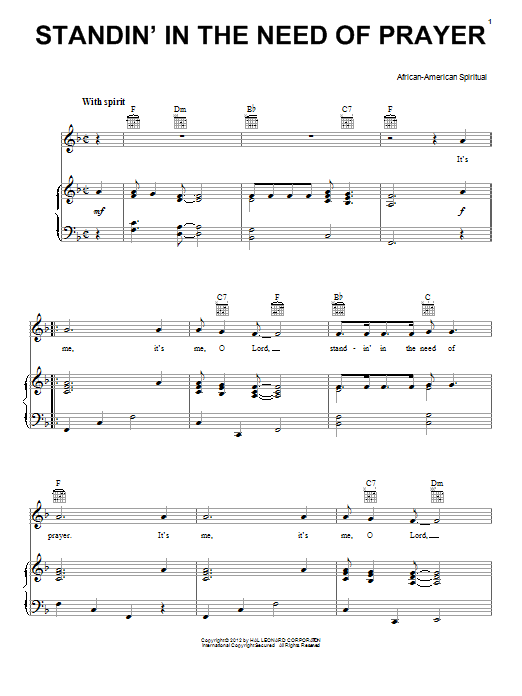 Download African-American Spiritual Standin' In The Need Of Prayer Sheet Music