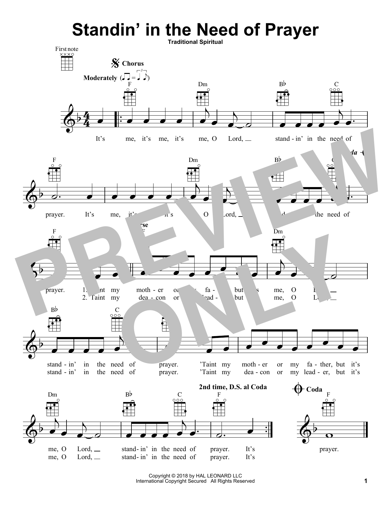 Download Traditional Spiritual Standin' In The Need Of Prayer Sheet Music