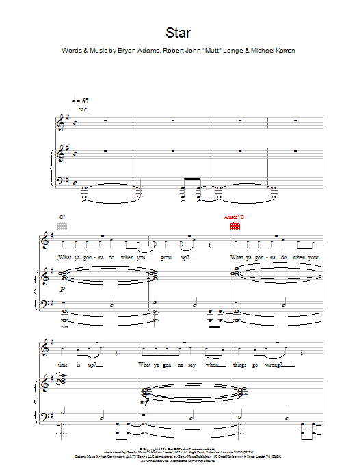 Bryan Adams Star sheet music notes printable PDF score