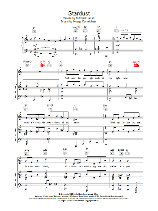 Frank Sinatra Stardust sheet music notes printable PDF score