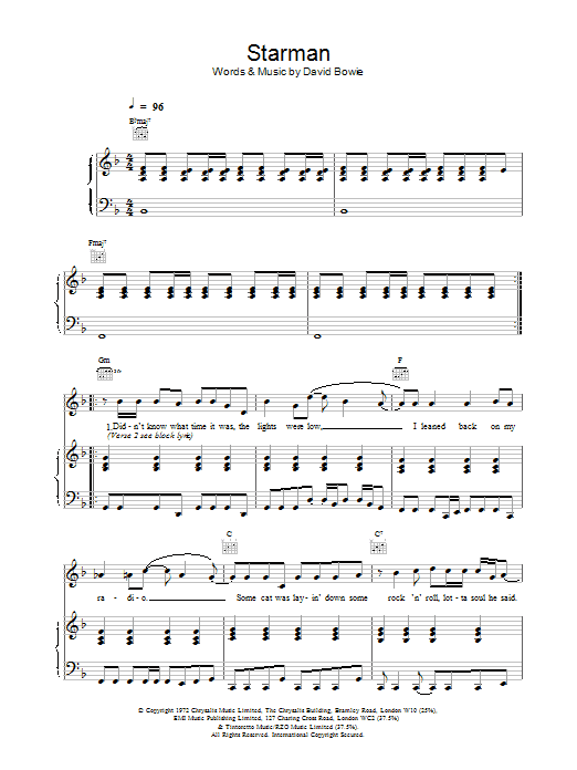 David Bowie Starman sheet music notes printable PDF score