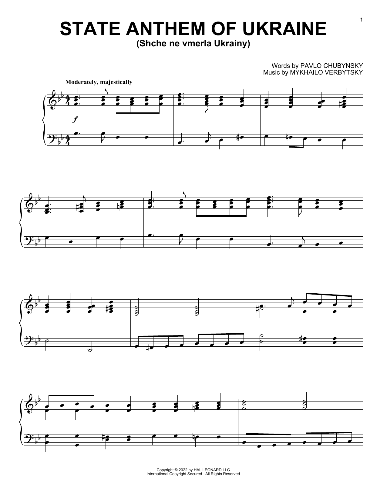Download Mykhailo Verbytsky and Pavlo Chubyns State Anthem Of Ukraine (Shche ne vmerl Sheet Music