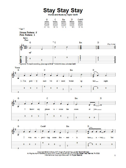 Download Taylor Swift Stay Stay Stay Sheet Music