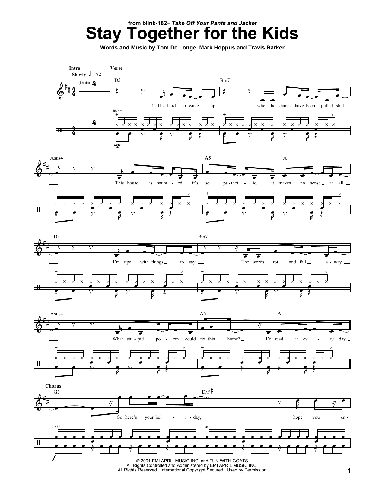 Download Blink 182 Stay Together For The Kids Sheet Music