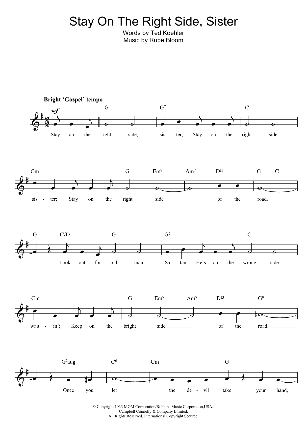 Rube Bloom Stay On The Right Side Sister sheet music notes printable PDF score