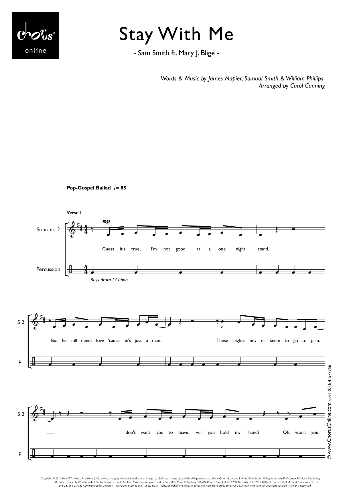 Sam Smith Stay With Me (arr. Carol Canning) sheet music notes printable PDF score