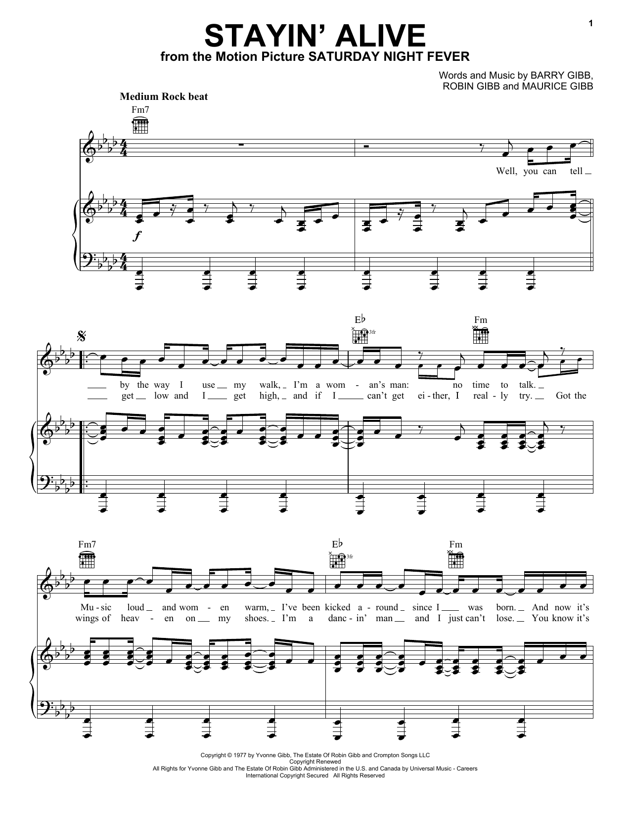 Download Bee Gees Stayin' Alive Sheet Music