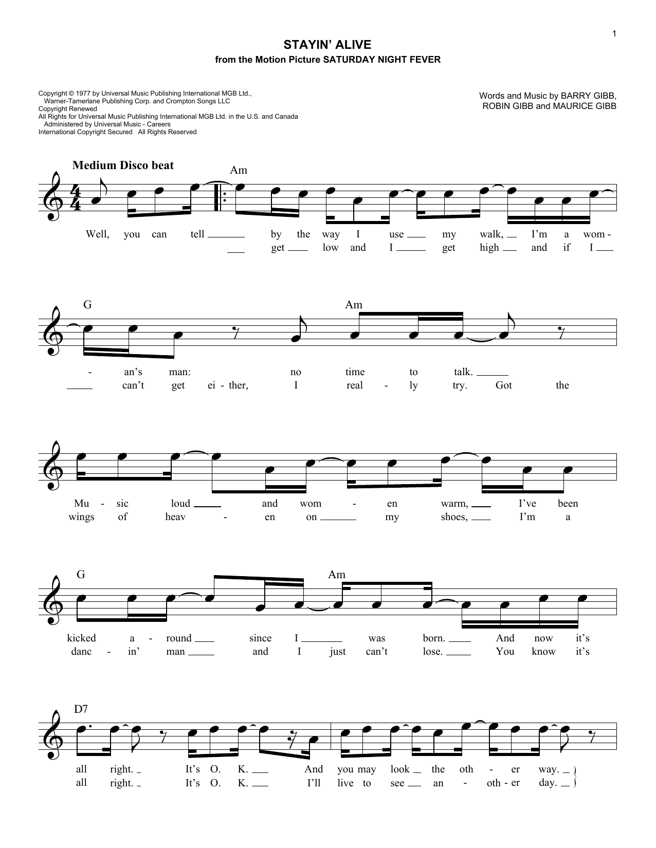 Download The Bee Gees Stayin' Alive Sheet Music