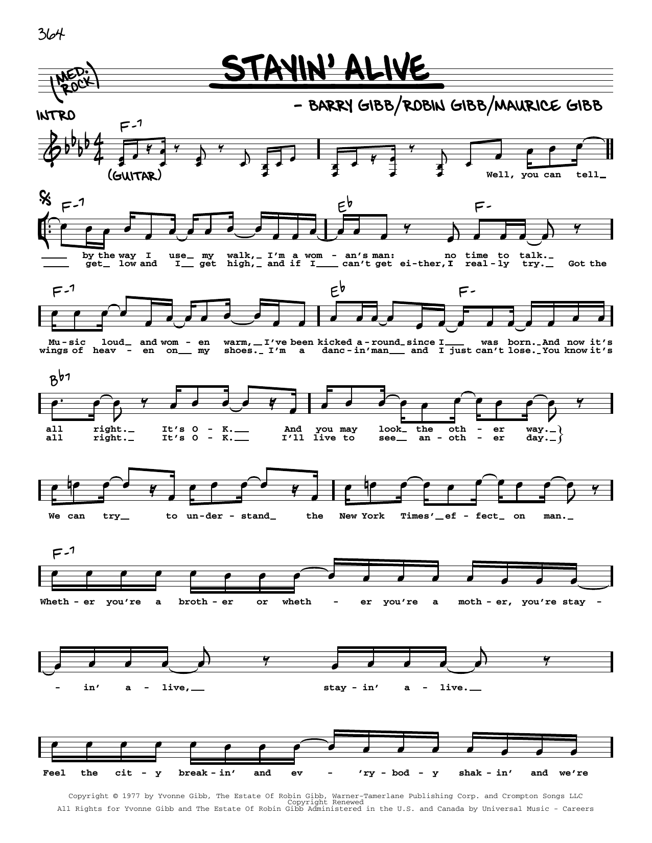 Download The Bee Gees Stayin' Alive Sheet Music