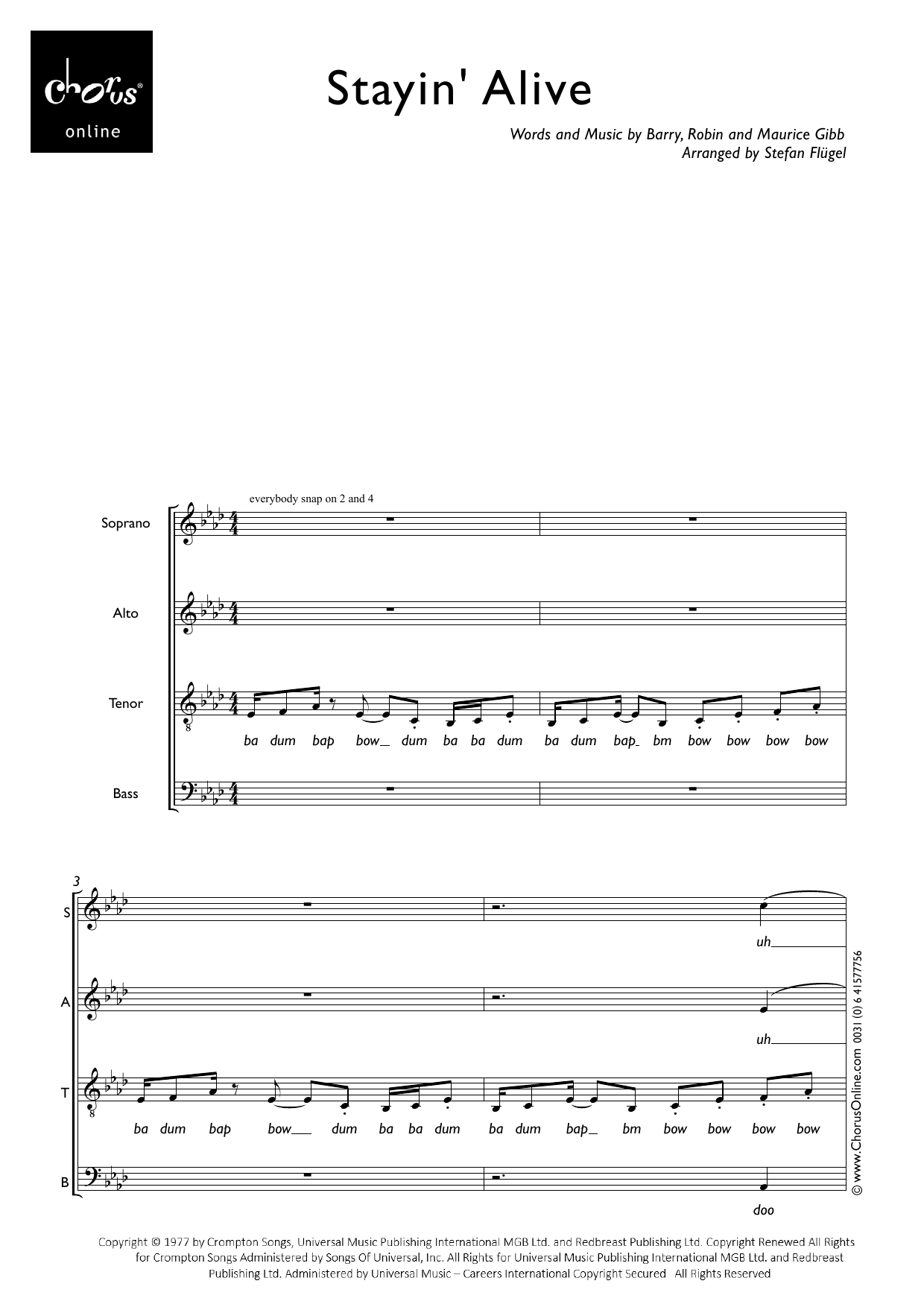 Bee Gees Stayin' Alive (arr. Stefan Flügel) sheet music notes printable PDF score