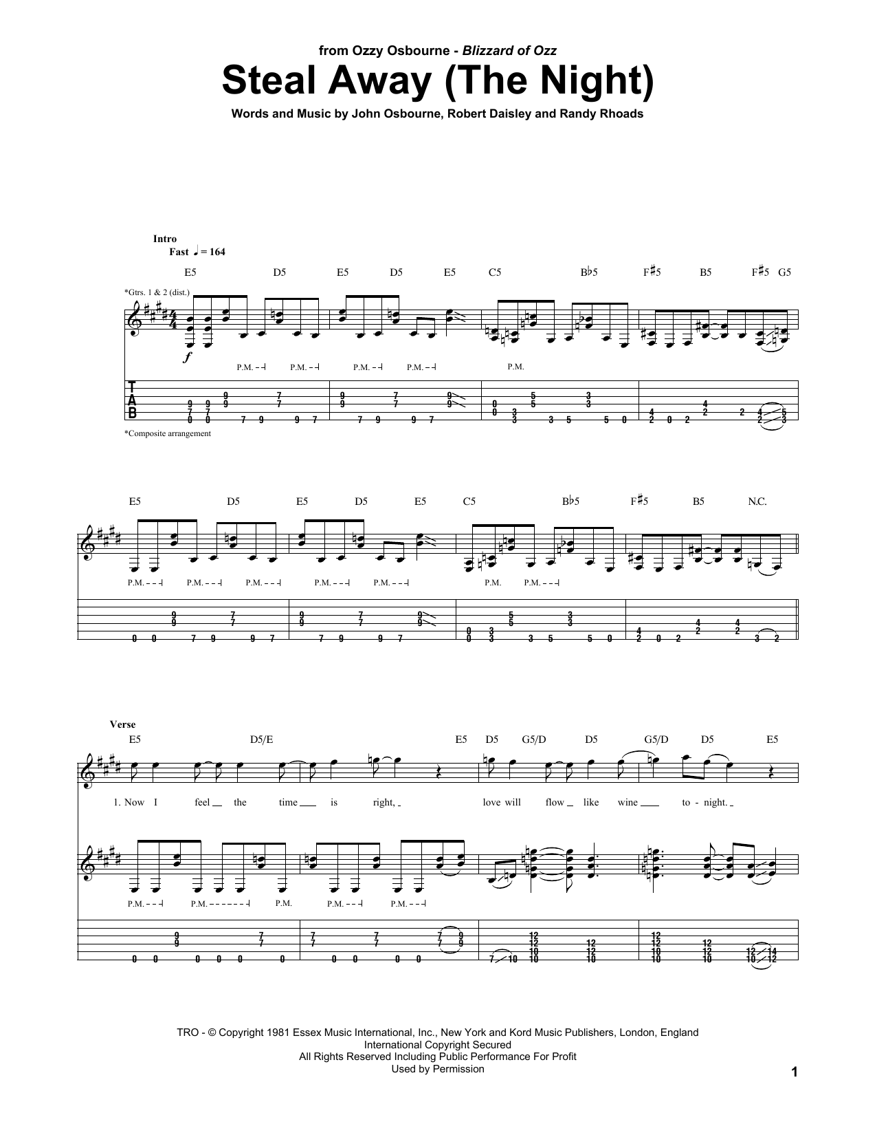 Download Ozzy Osbourne Steal Away (The Night) Sheet Music