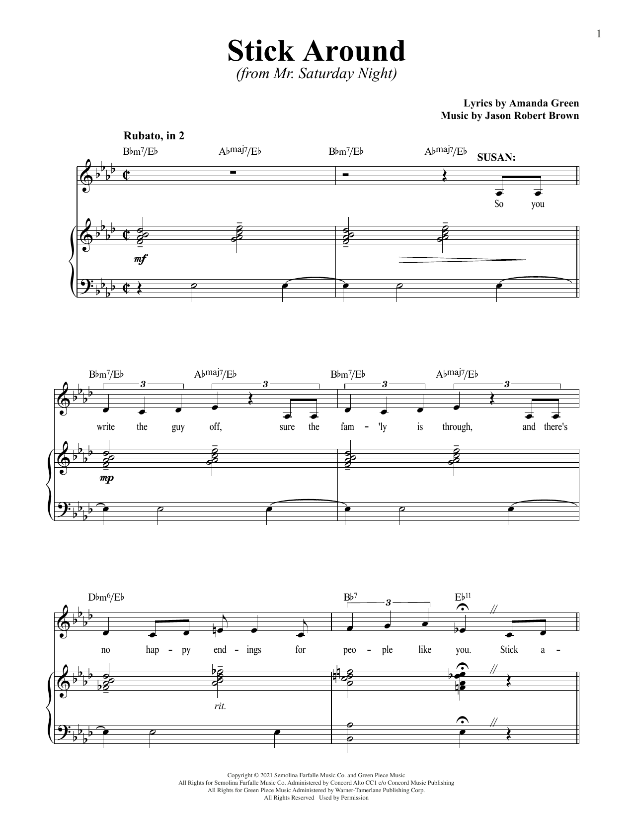 Jason Robert Brown and Amanda Green Stick Around (from Mr. Saturday Night) sheet music notes printable PDF score