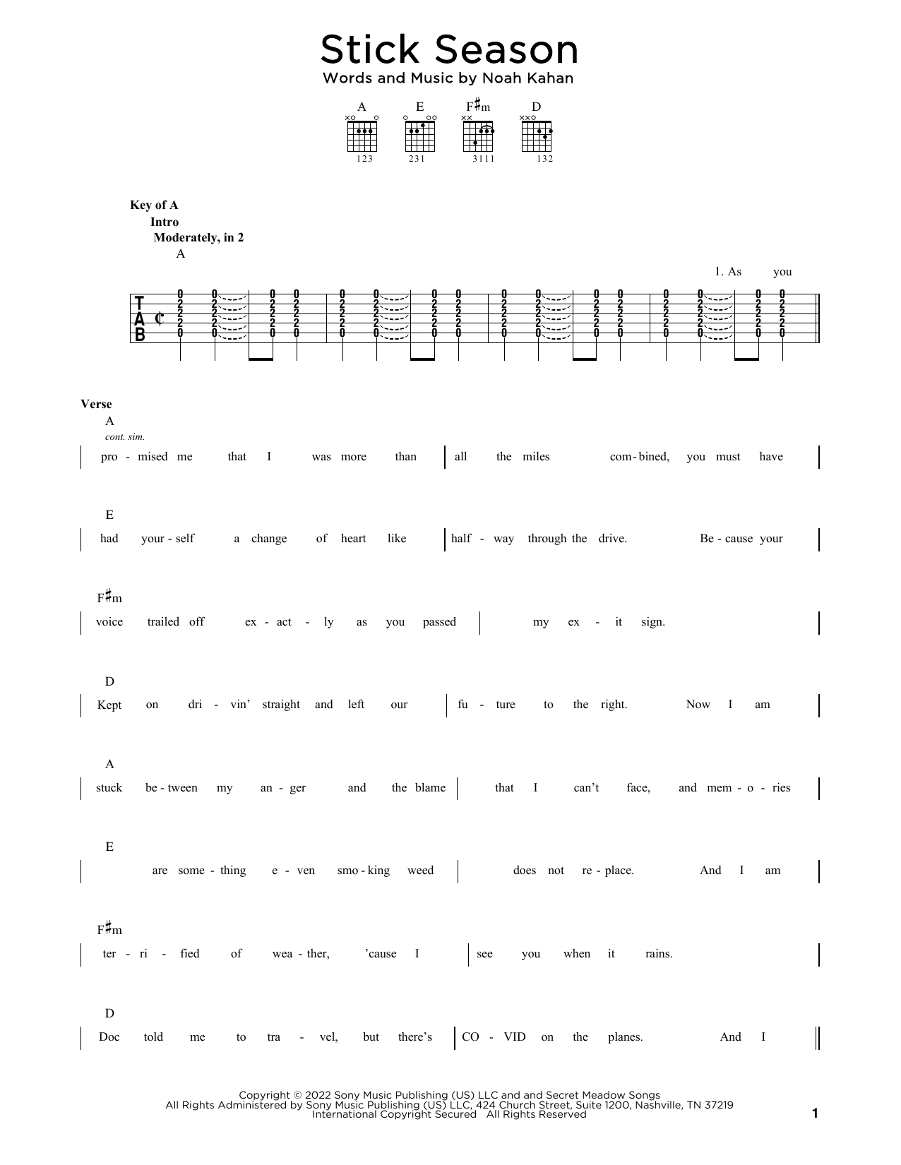 Noah Kahan Stick Season sheet music notes printable PDF score