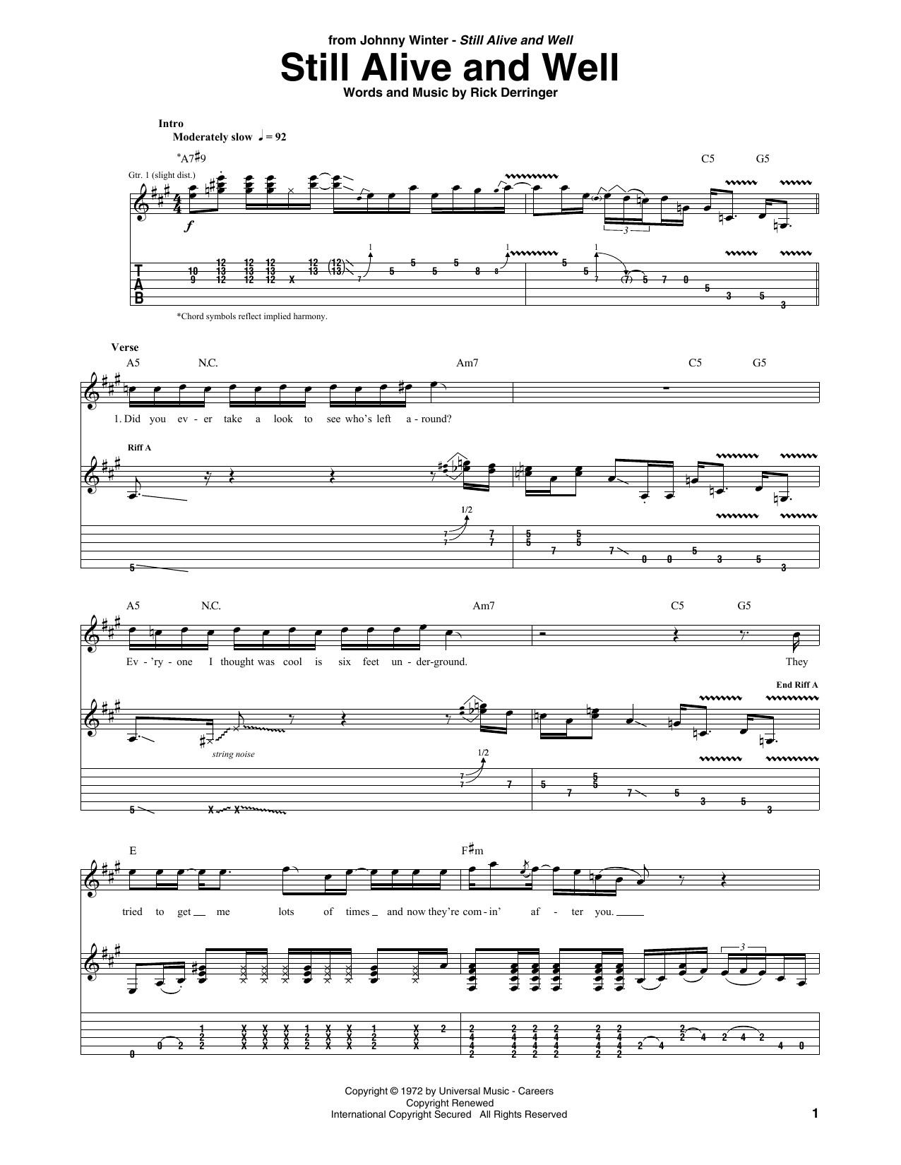 Download Johnny Winter Still Alive And Well Sheet Music