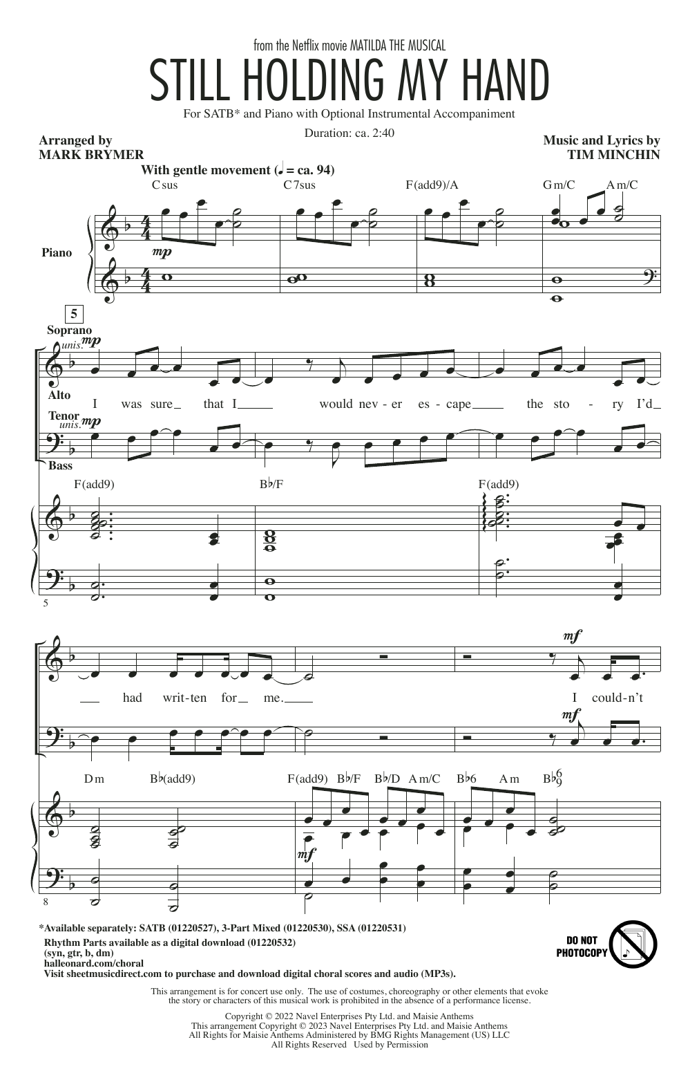 Tim Minchin Still Holding My Hand (from Matilda The Musical) (arr. Mark Brymer) sheet music notes printable PDF score