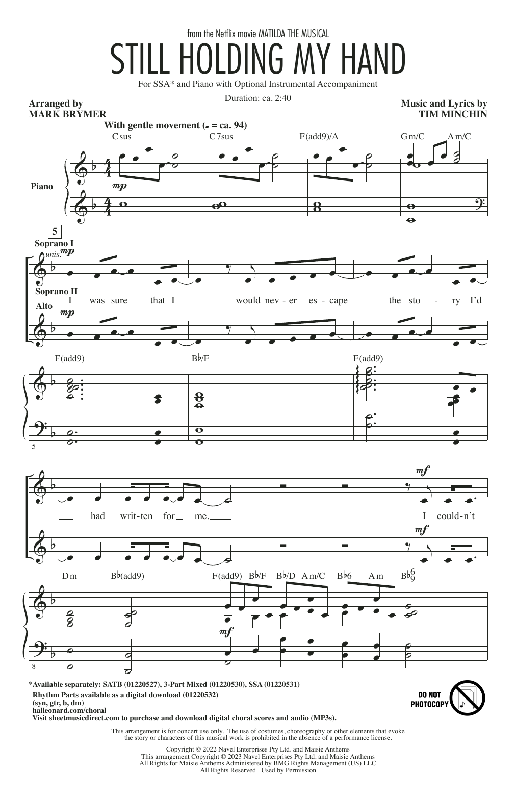 Tim Minchin Still Holding My Hand (from Matilda The Musical) (arr. Mark Brymer) sheet music notes printable PDF score