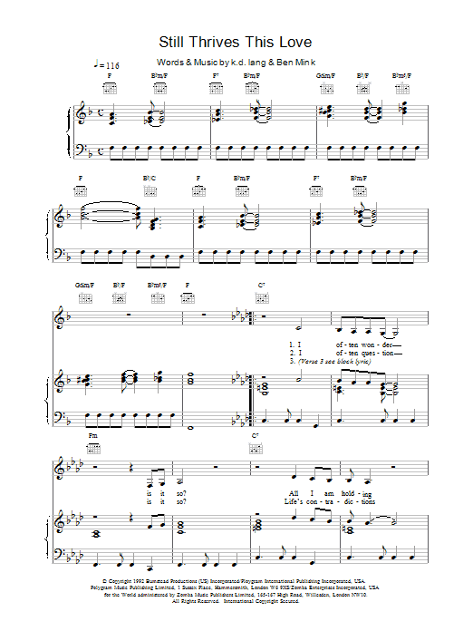 k.d. lang Still Thrives This Love sheet music notes printable PDF score